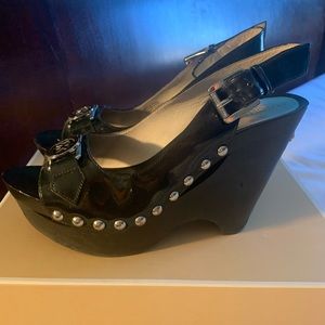 Michael Kors Black  patent MK wedge open peep toe